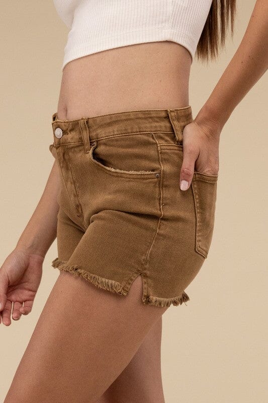 Acid Washed Frayed Cutoff Hem Shorts ZENANA DEEP CAMEL S 