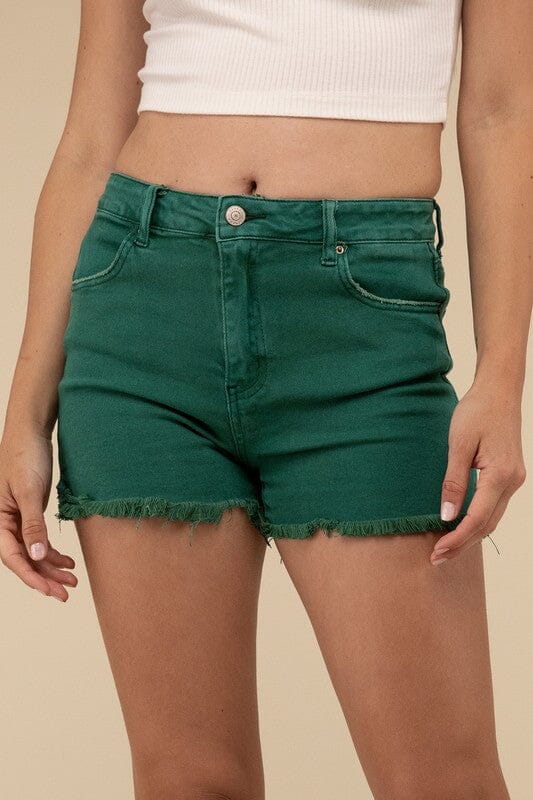 Acid Washed Frayed Cutoff Hem Shorts ZENANA DK GREEN S 