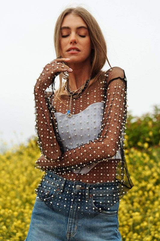 Bead and Pearl Embellished Mesh Top pearl embellished sleeve Davi & Dani 