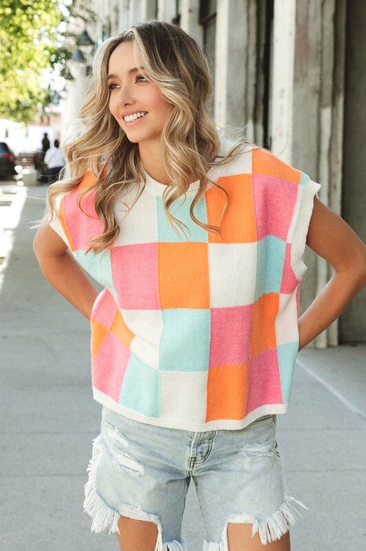 BIBI Multi-Color Checker Sweater Vest short sleeve sweater BiBi 