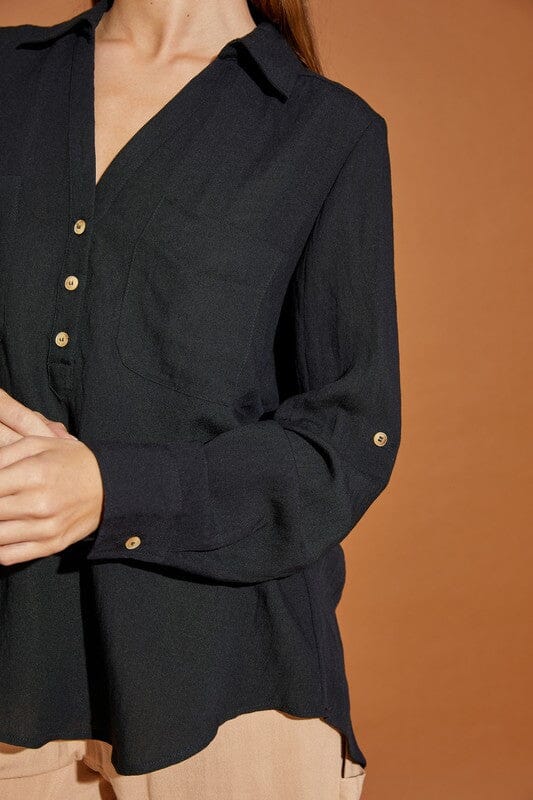 Black V Neck Button Down Henley Shirt v neck blouse Mustard Seed 