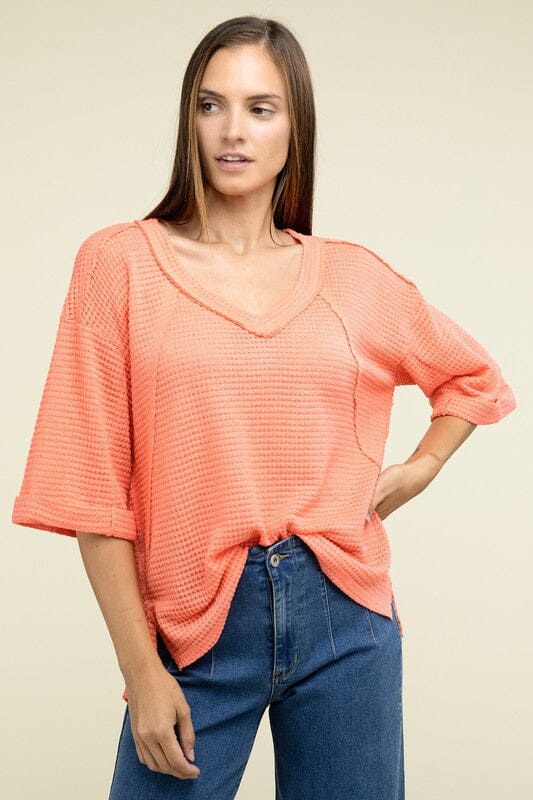 Brushed Waffle Exposed-Seam 3/4 Sleeve Top ZENANA 