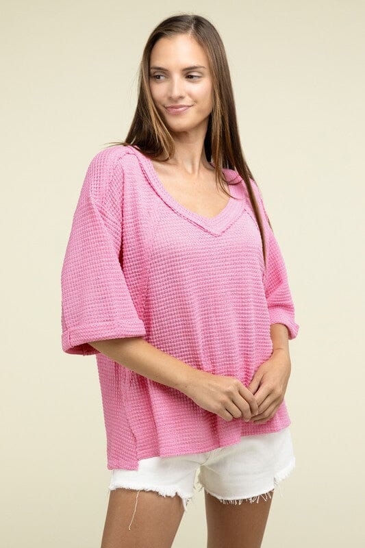 Brushed Waffle Exposed-Seam 3/4 Sleeve Top ZENANA 