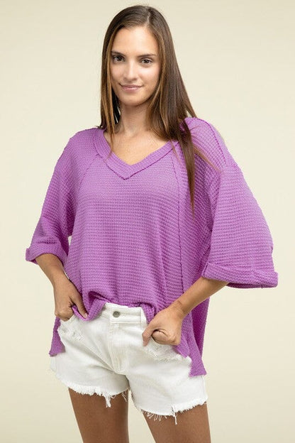 Brushed Waffle Exposed-Seam 3/4 Sleeve Top ZENANA 