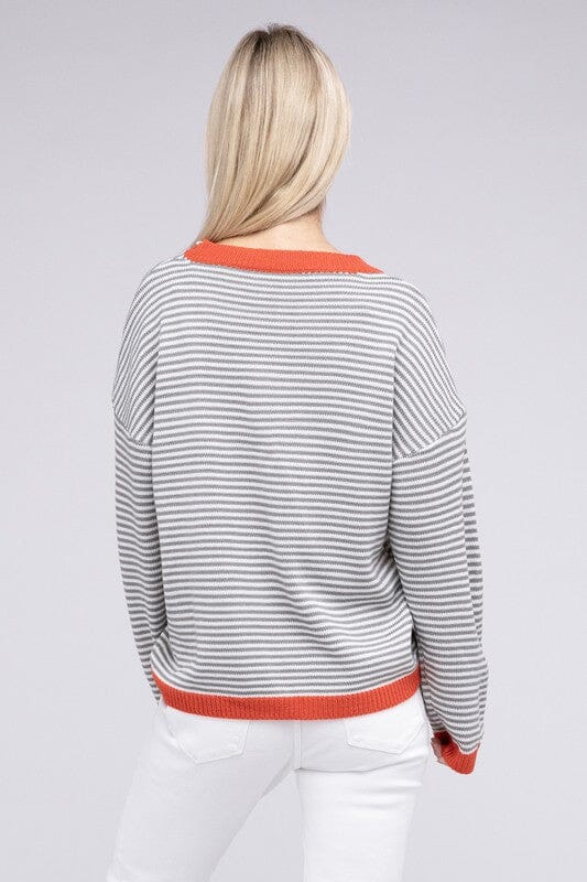 Contrast Trimmed Striped Pullover Knit Nuvi Apparel 