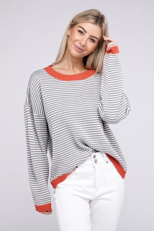 Contrast Trimmed Striped Pullover Knit Nuvi Apparel Grey Stripe S 