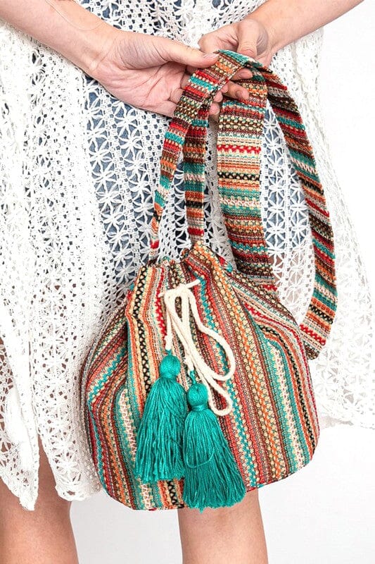 Cotton Tassel Boho Bucket Bag bucket handbag Poet Street Boutique Teal O/S 