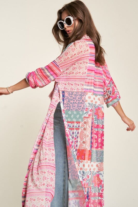 Davi & Dani Mesh Print Mix Matched Button Front Cover Up cover up dress Davi & Dani Cream pink multi S 