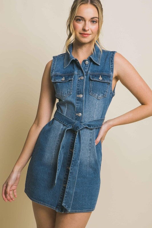 Denim Strapless Dress with Waist Tie Love Tree BLUE S 