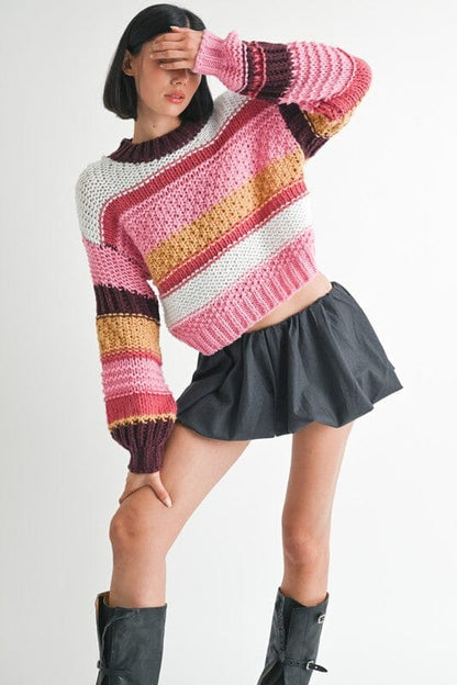 Emory Park Mock Neck Stripe Sweater sweater striped Emory Park PINK MULTI S 