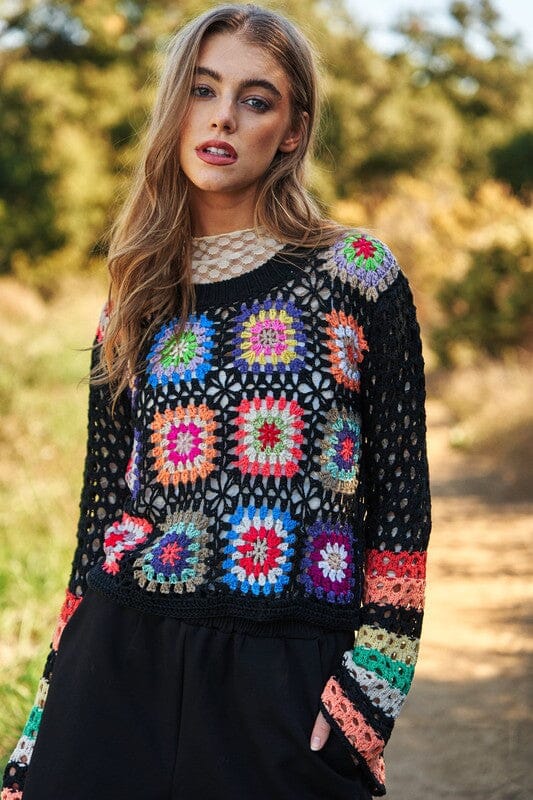 Floral Crochet Striped Sleeve Cropped Sweater crochet sweater Davi & Dani 