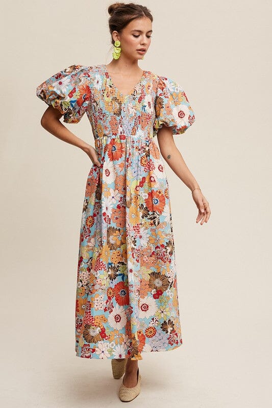 Flower Print Smocked V-neck Puff Sleeve Maxi Dress Listicle 