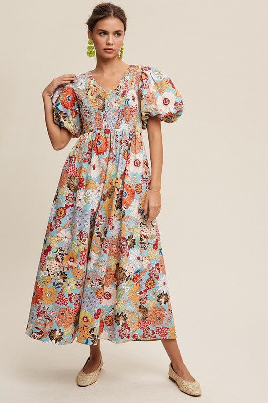 Flower Print Smocked V-neck Puff Sleeve Maxi Dress Listicle Aqua S 