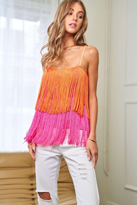 Fringe Overlay Cross Straps Party Cami Top Davi & Dani NEON ORANGE MULTI S 