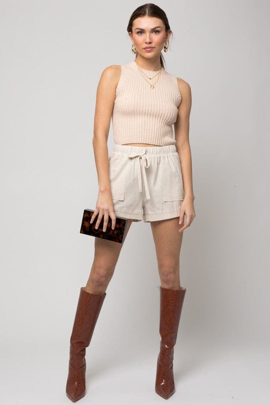 Gilli Elastic Waist Front Pocket Roll-Up Shorts linen blend shorts Gilli Cream S 