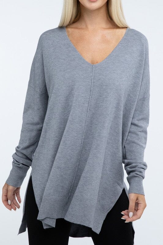 Hi-Low Hem Front Seam Sweater ZENANA H GREY S/M 