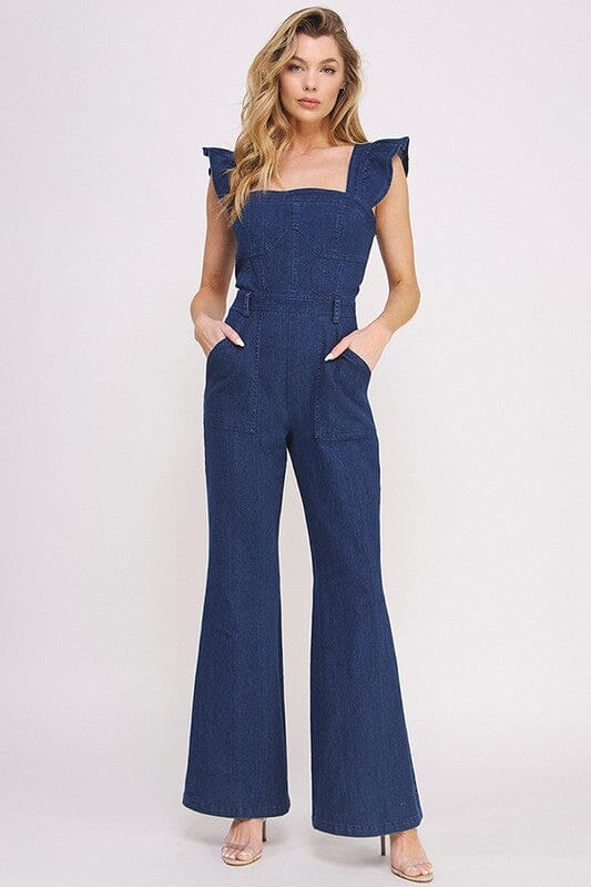 Jade By Jane Denim Ruffle Flare Leg Jumpsuit denim jumpsuit Jade By Jane DENIM S 