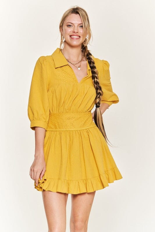 Jade By Jane Eyelet 3/4 Sleeve Mini Dress 3/4 sleeve ruffle dress Jade By Jane MUSTARD S 