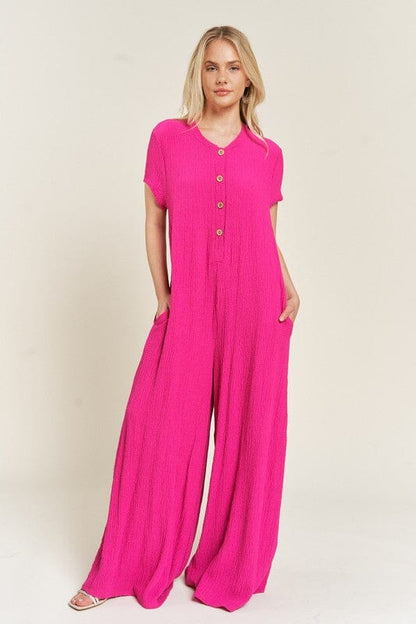 Jade By Jane Textured Short Sleeve Jumpsuit textured short sleeve jumpsuit Jade By Jane FUCHSIA S 