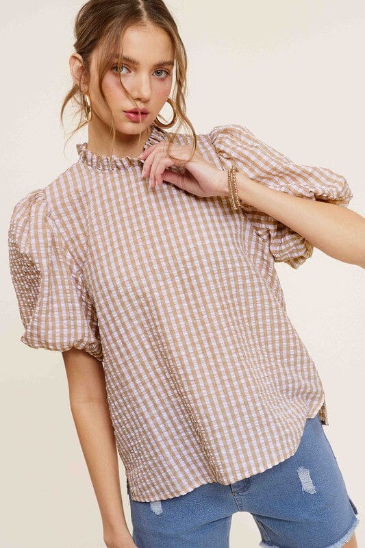 La Miel Gingham Check Print Puff Sleeve Top short sleeve blouse La Miel 