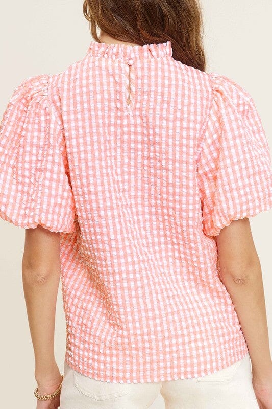 La Miel Gingham Check Print Puff Sleeve Top short sleeve blouse La Miel 