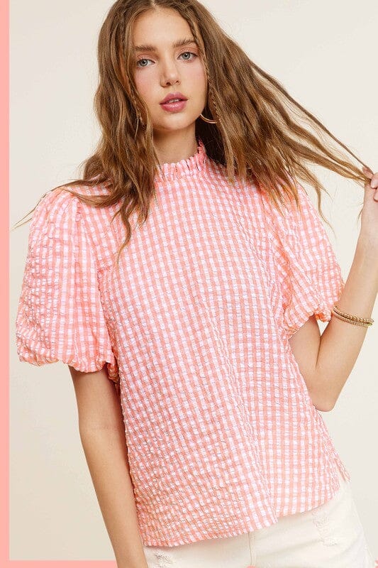 La Miel Gingham Check Print Puff Sleeve Top short sleeve blouse La Miel 