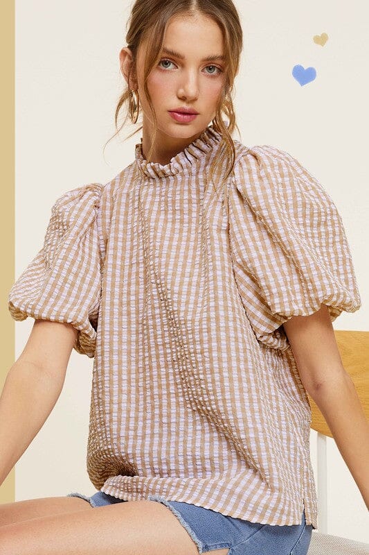 La Miel Gingham Check Print Puff Sleeve Top short sleeve blouse La Miel 