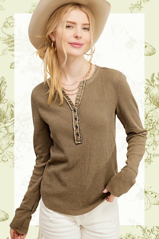 La Miel Jaynie Top Henley waffle knit La Miel FADE OLIVE S 