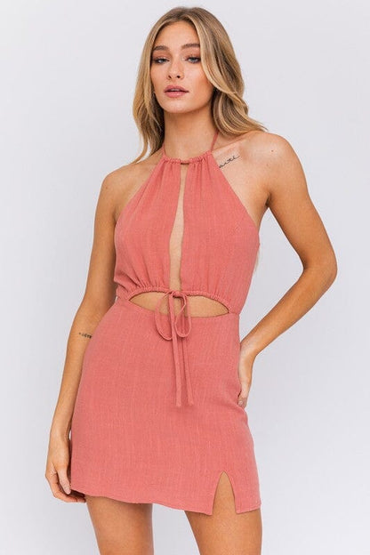 Le Lis Halter Neck Open Front Dress halter front cut outdress LE LIS Brick S 