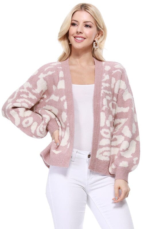 Leopard Jacquard Open Front Shrug Cardigan Mak Mauve/Ivory SM 