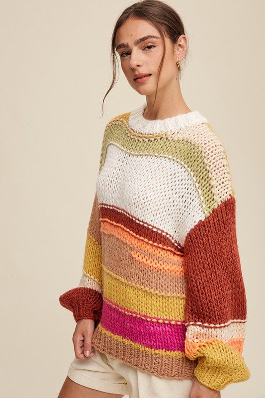 Listicle Open Mixed Knit Hand Crochet Sweater knit striped sweater Listicle 