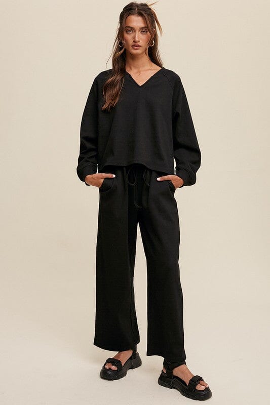 Listicle V-neck Sweatshirt and Pants Set v-neck lounge set Listicle Black S 