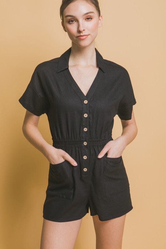 Love Tree Linen Button Down Romper linen romper Love Tree BLACK S 