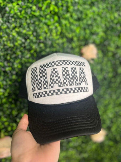 Mama Checkered Ponytail Trucker Hat Ask Apparel Black/White OneSize 