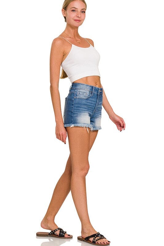 Mid Rise Raw Frayed Hem Denim Shorts ZENANA 