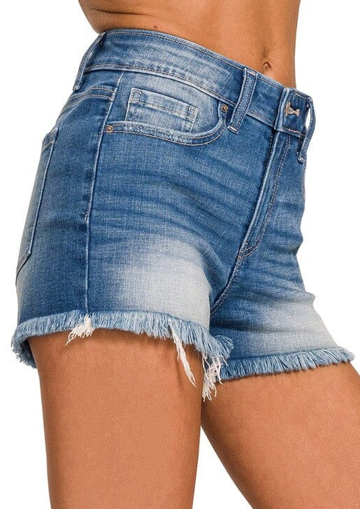 Mid Rise Raw Frayed Hem Denim Shorts ZENANA 