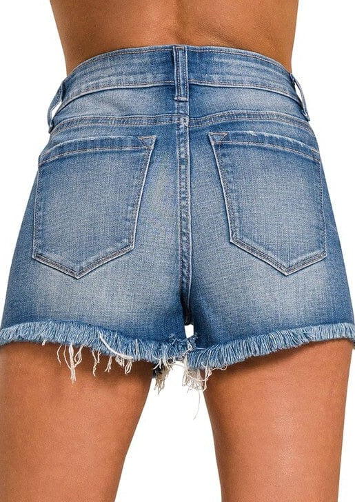 Mid Rise Raw Frayed Hem Denim Shorts ZENANA 