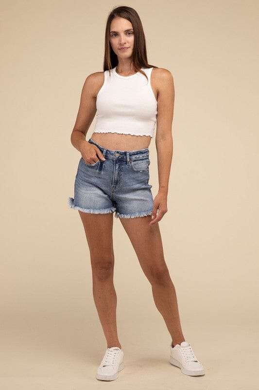 Mid Rise Raw Frayed Hem Denim Shorts ZENANA 