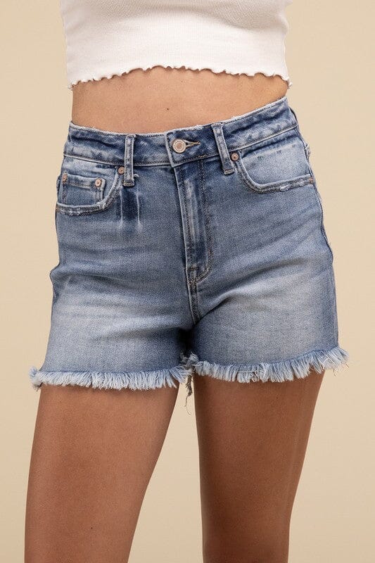 Mid Rise Raw Frayed Hem Denim Shorts ZENANA MEDIUM S 