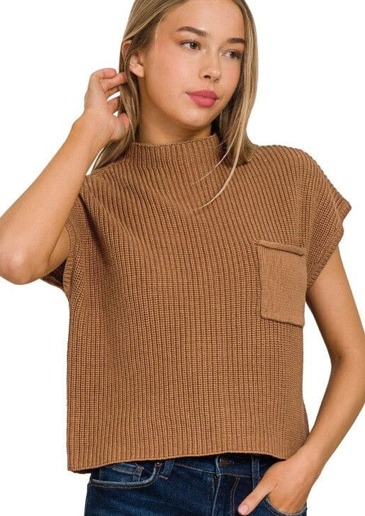 Mock Neck Short Sleeve Cropped Sweater ZENANA DEEP CAMEL S 