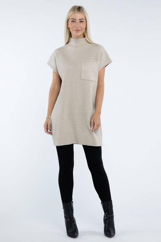 Mock Neck Short Sleeve Sweater Dress with Pocket ZENANA 