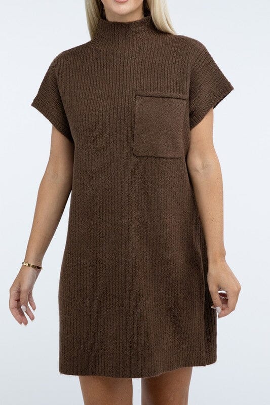 Mock Neck Short Sleeve Sweater Dress with Pocket ZENANA BROWN S 