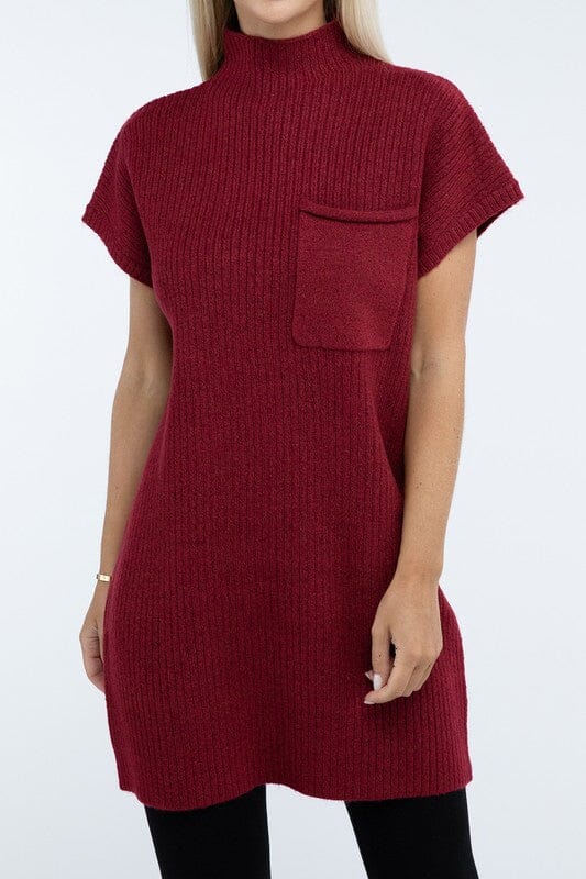 Mock Neck Short Sleeve Sweater Dress with Pocket ZENANA CABERNET S 