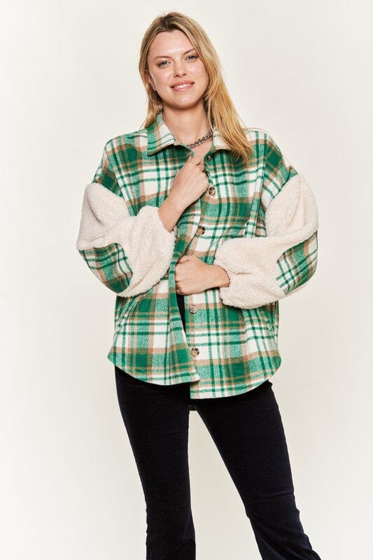 Multi plaid fuzzy sleeve jacket JJO1023 Jade By Jane Green S 