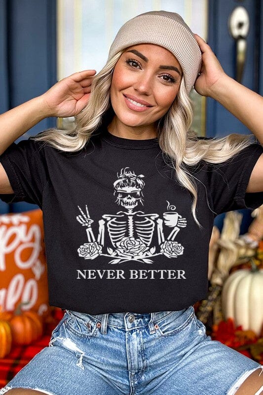 Never Better Skeleton Mom Halloween Tee Cali Boutique Black L 