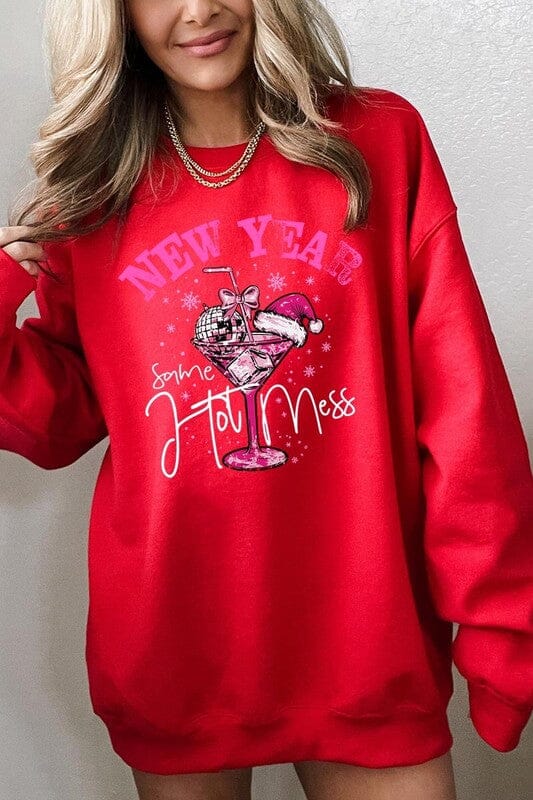 New Year Same Hot Mess Graphic Fleece Sweatshirt Color Bear RED S 