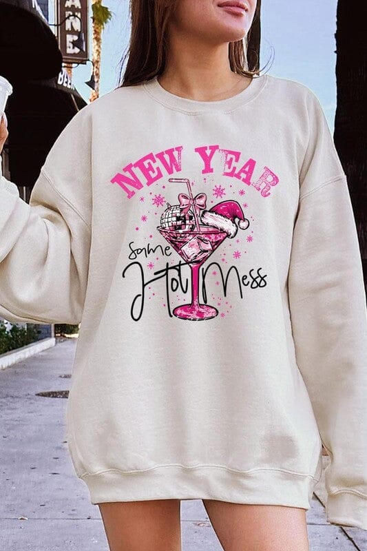 New Year Same Hot Mess Graphic Fleece Sweatshirt Color Bear SAND S 