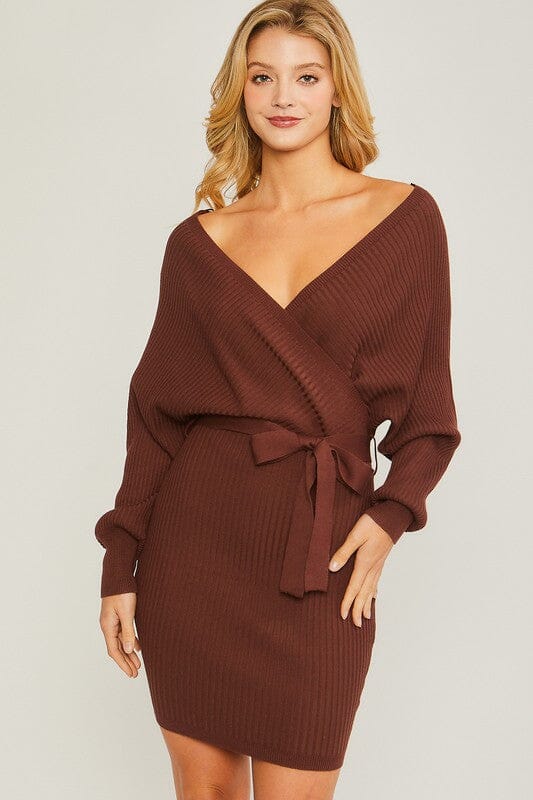 Off Shoulder Ribbed Wrap Dress wrap dress Love Tree BROWN S 