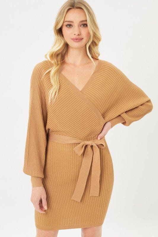 Off Shoulder Ribbed Wrap Dress wrap dress Love Tree CAMEL S 