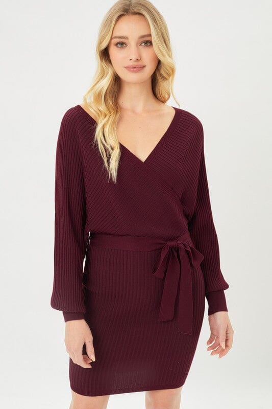 Off Shoulder Ribbed Wrap Dress wrap dress Love Tree WINE S 